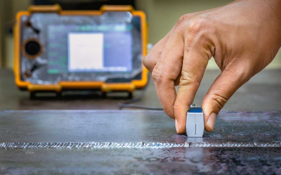 UT, Ultrasonic testing to detect imperfection or defect in welding of steel structure. NDT Inspection.Different kinds of welding inspection techniques