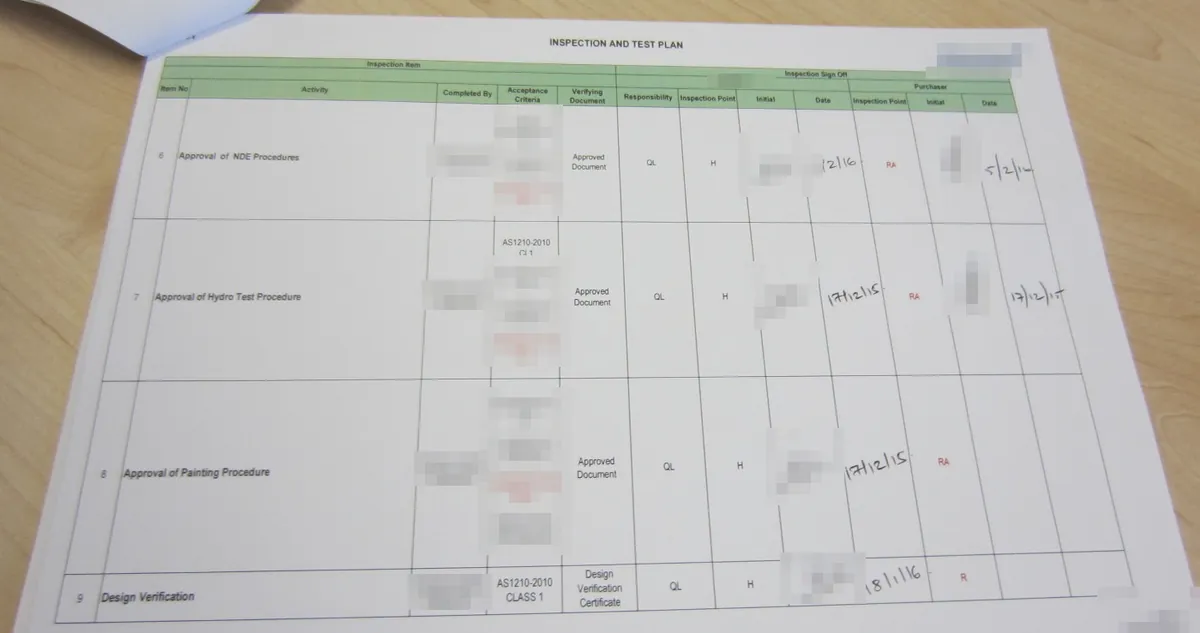 Inspection and test plan page showing hold points and purchaser sign-off, client details redacted